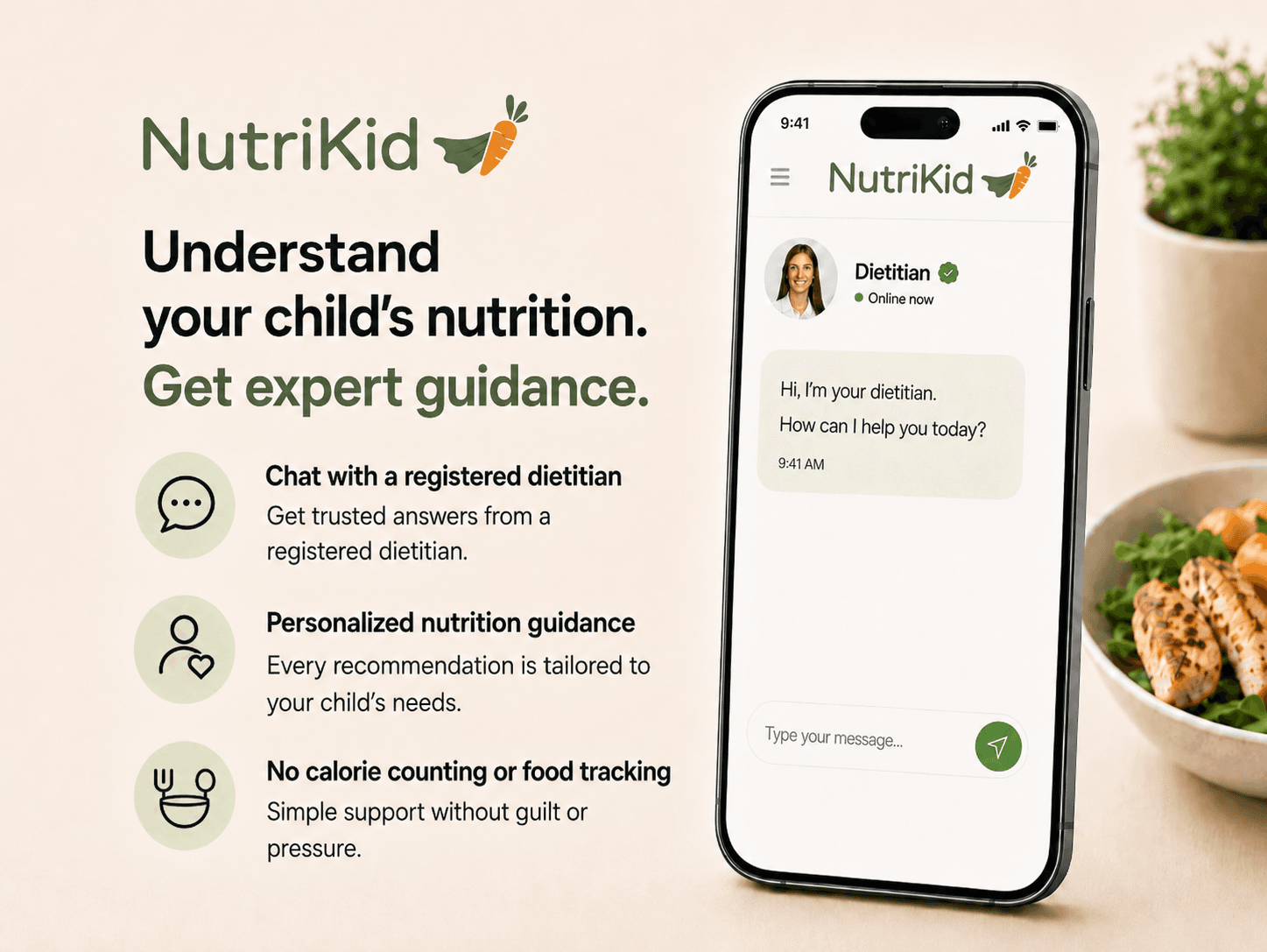 NutriKid app showing a chat with a registered dietitian